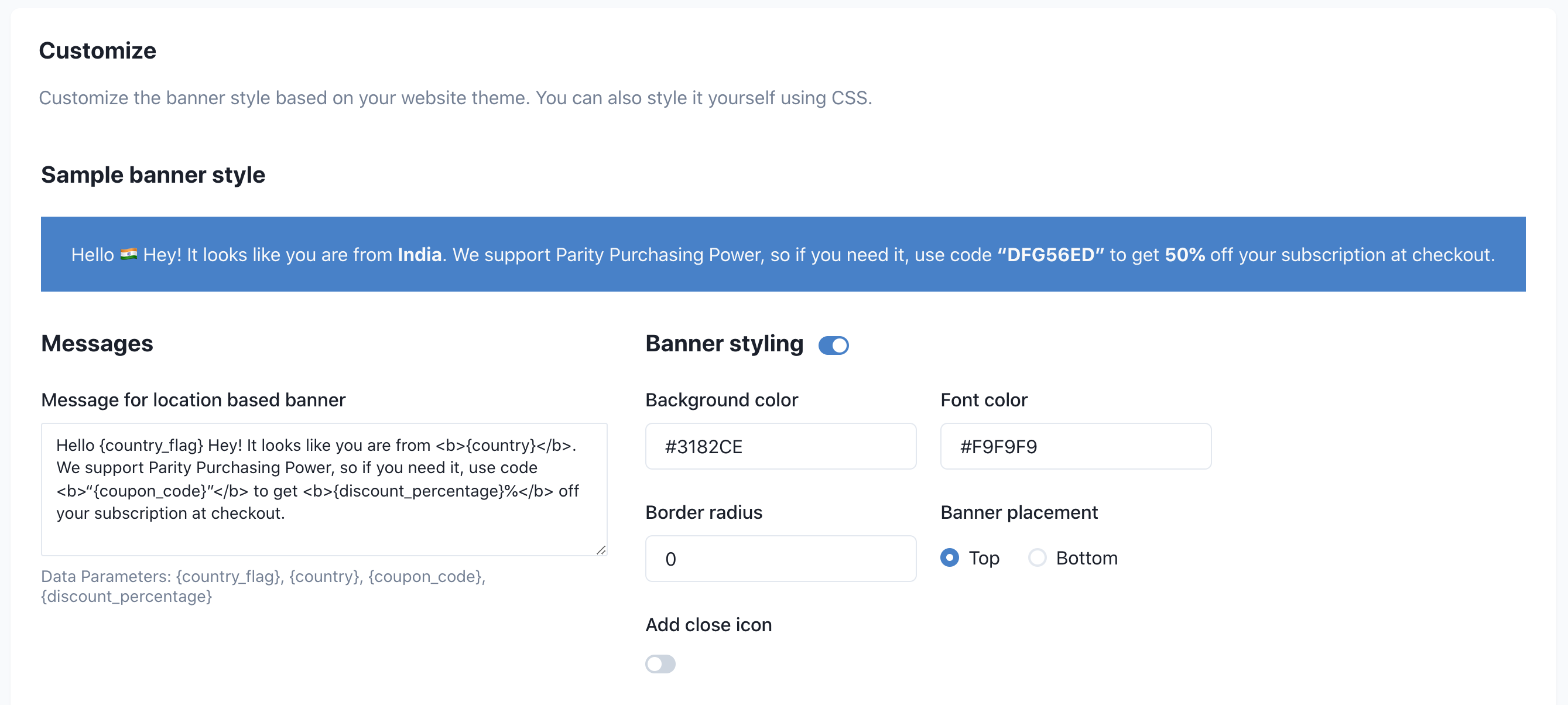Customize banner